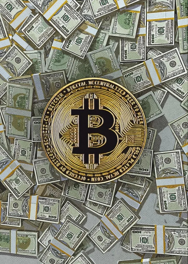 مجموعة من أوراق الدولار الأمريكي و عملة بيتكوين ذهبية على خلفية منسوجة.