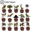 A collection of 15 dinosaur cake toppers featuring various dinosaur figures in dark chocolate frosting on paper liners.
