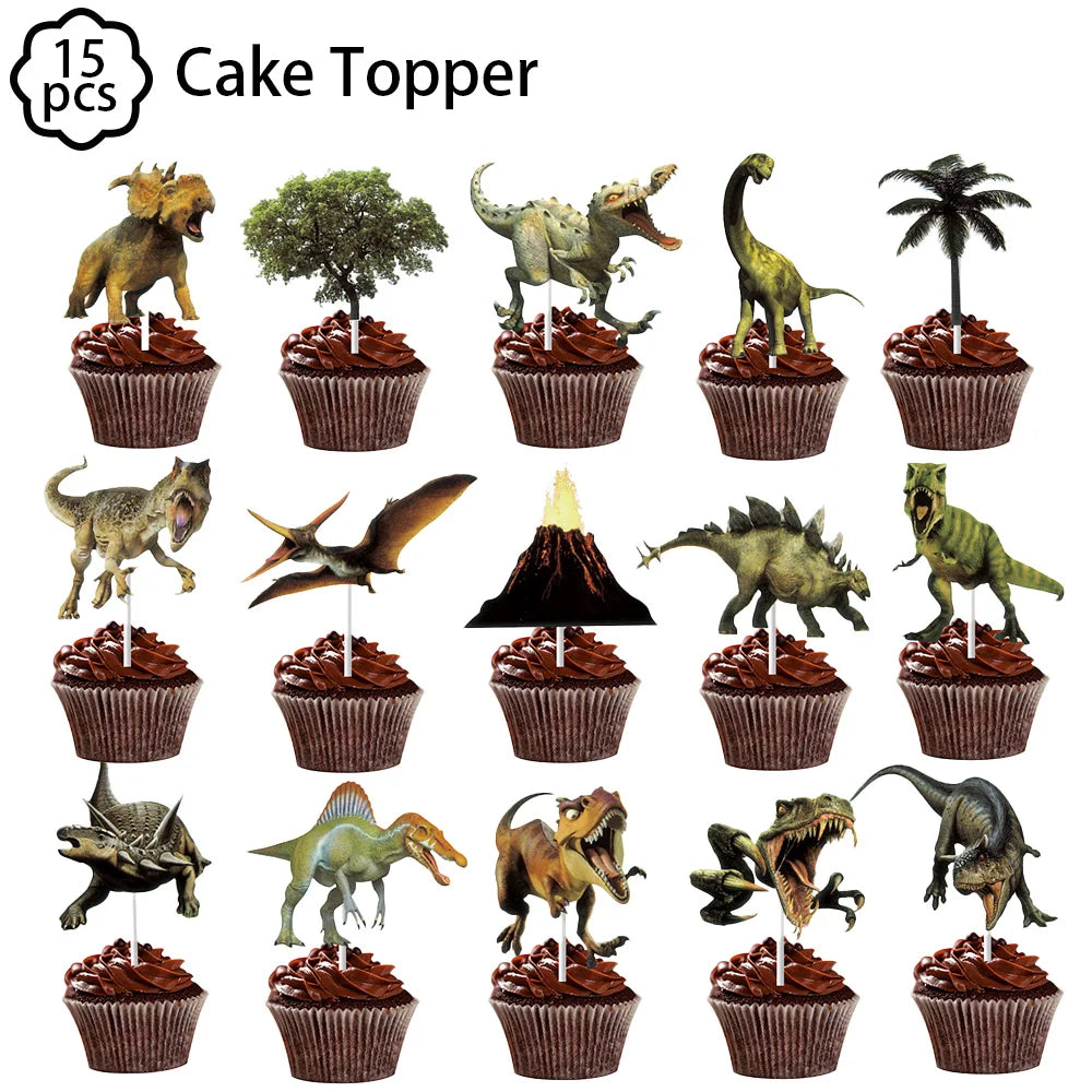 A collection of 15 dinosaur cake toppers featuring various dinosaur figures in dark chocolate frosting on paper liners.