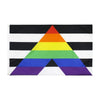 A black, white, and rainbow striped flag shaped like a triangle.