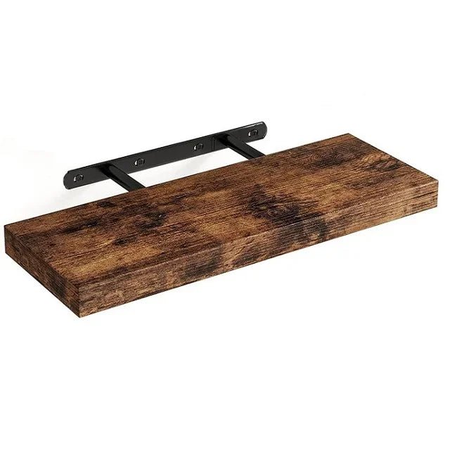 A wooden floating wall shelf with a black mounting bracket.