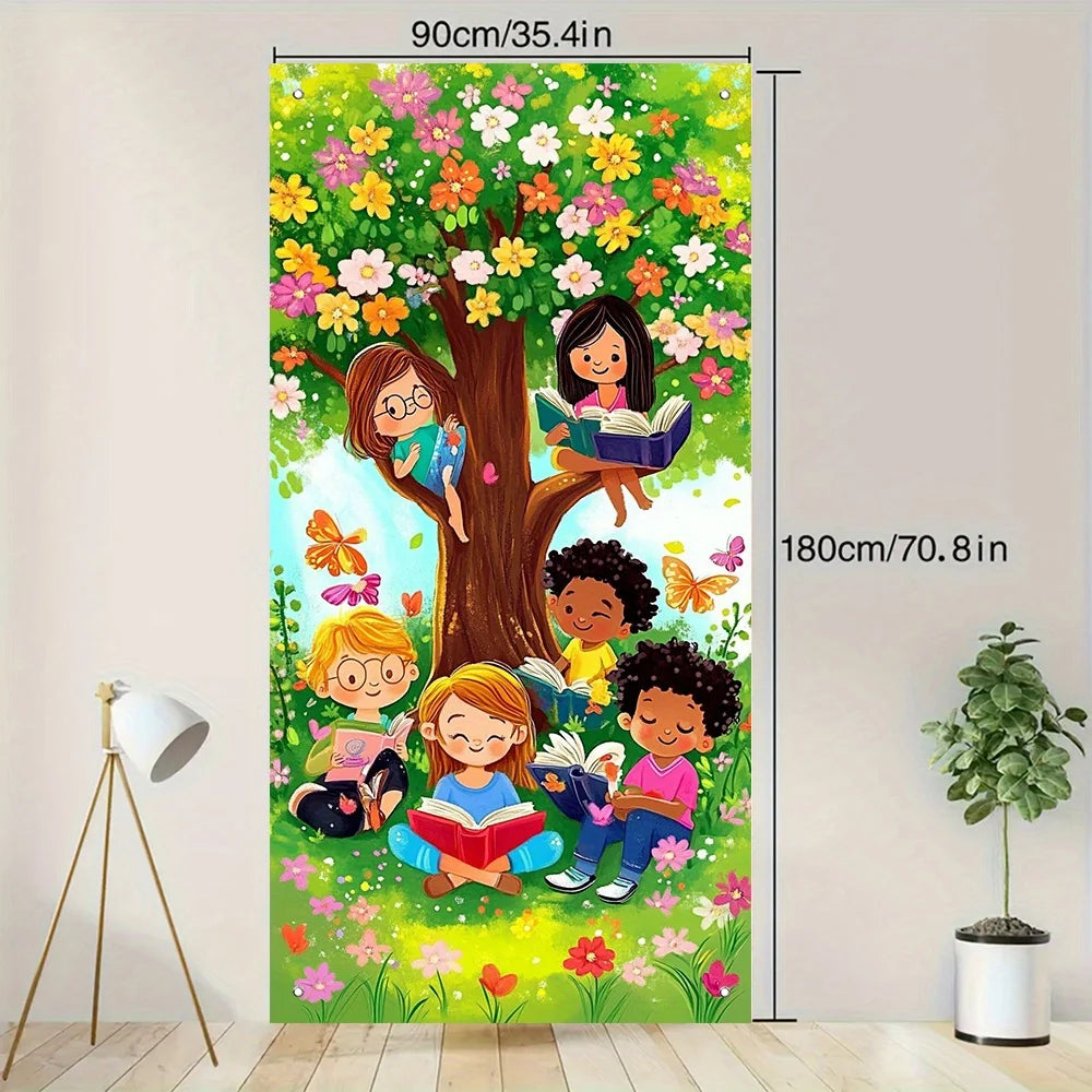A vertical banner featuring a vibrant spring floral design with children reading under a tree.