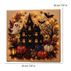 Diamond painting wall decor featuring a spooky Halloween scene with a haunted house, bats, pumpkins, and glowing lights.