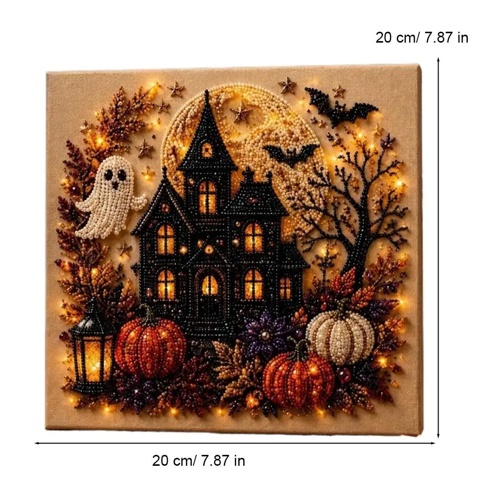 Diamond painting wall decor featuring a spooky Halloween scene with a haunted house, bats, pumpkins, and glowing lights.