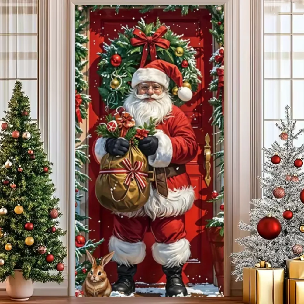 Merry Christmas Party Decoration Door Cover with Santa, Snowman & Reindeer Design
