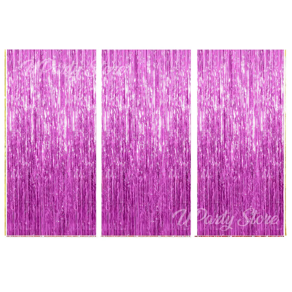 A set of three vertical strips of metallic purple foil fringe curtains for party backdrop decor.