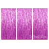 A set of three vertical metallic fringe curtains in vibrant purple for party backdrop decor.