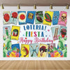 A colorful banner featuring various Mexican carnival and fiesta themed cards for a birthday party backdrop.
