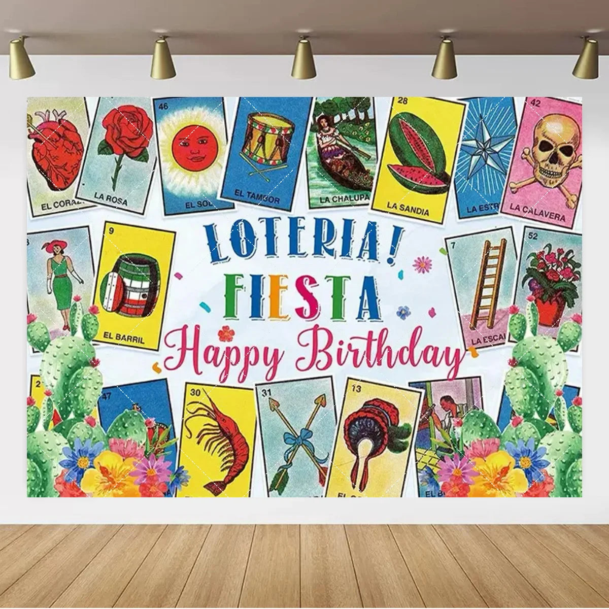 A colorful banner featuring various Mexican carnival and fiesta themed cards for a birthday party backdrop.