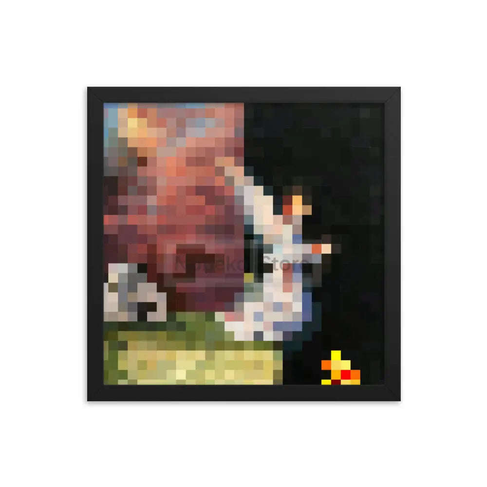A framed piece of pixel art featuring a reddish-brown figure and white elements against a dark background.