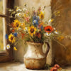 A still life painting featuring a bouquet of wildflowers in an old ceramic jug next to a window.