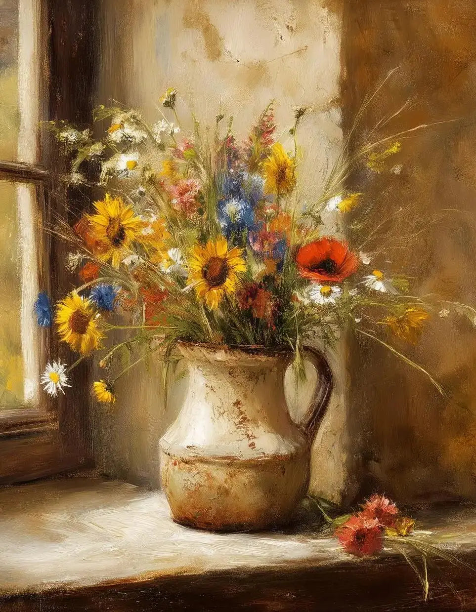 A still life painting featuring a bouquet of wildflowers in an old ceramic jug next to a window.