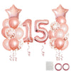 A cluster of rose gold foil balloons shaped like the number 15 for a milestone birthday party decor.
