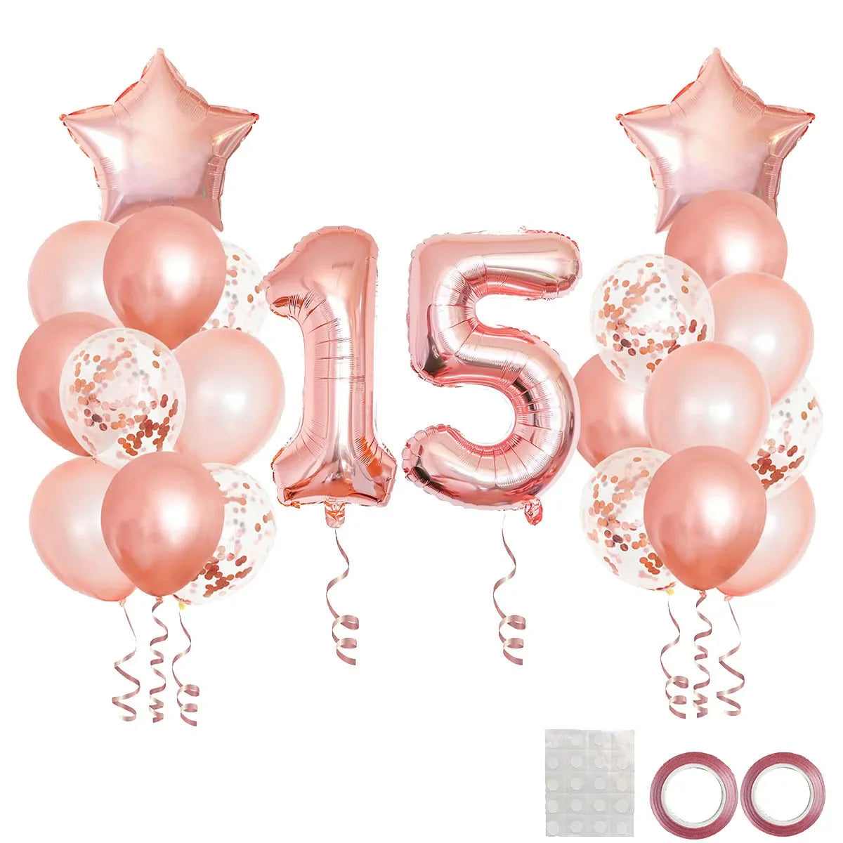 A cluster of rose gold foil balloons shaped like the number 15 for a milestone birthday party decor.