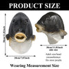 A black latex fish head costume mask shown in profile and front view with size measurements.