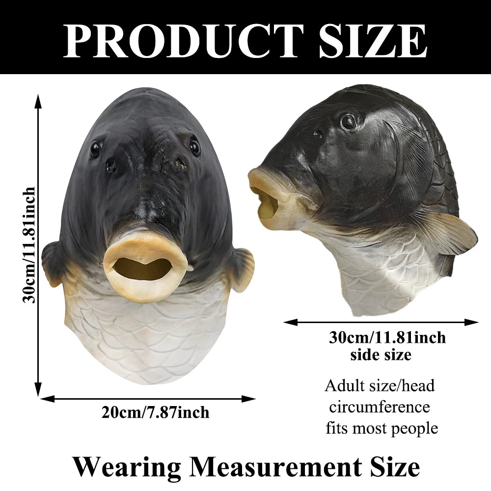 A black latex fish head costume mask shown in profile and front view with size measurements.