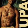 A portrait of Tupac featuring a gold chain and tattoos against a dark background.