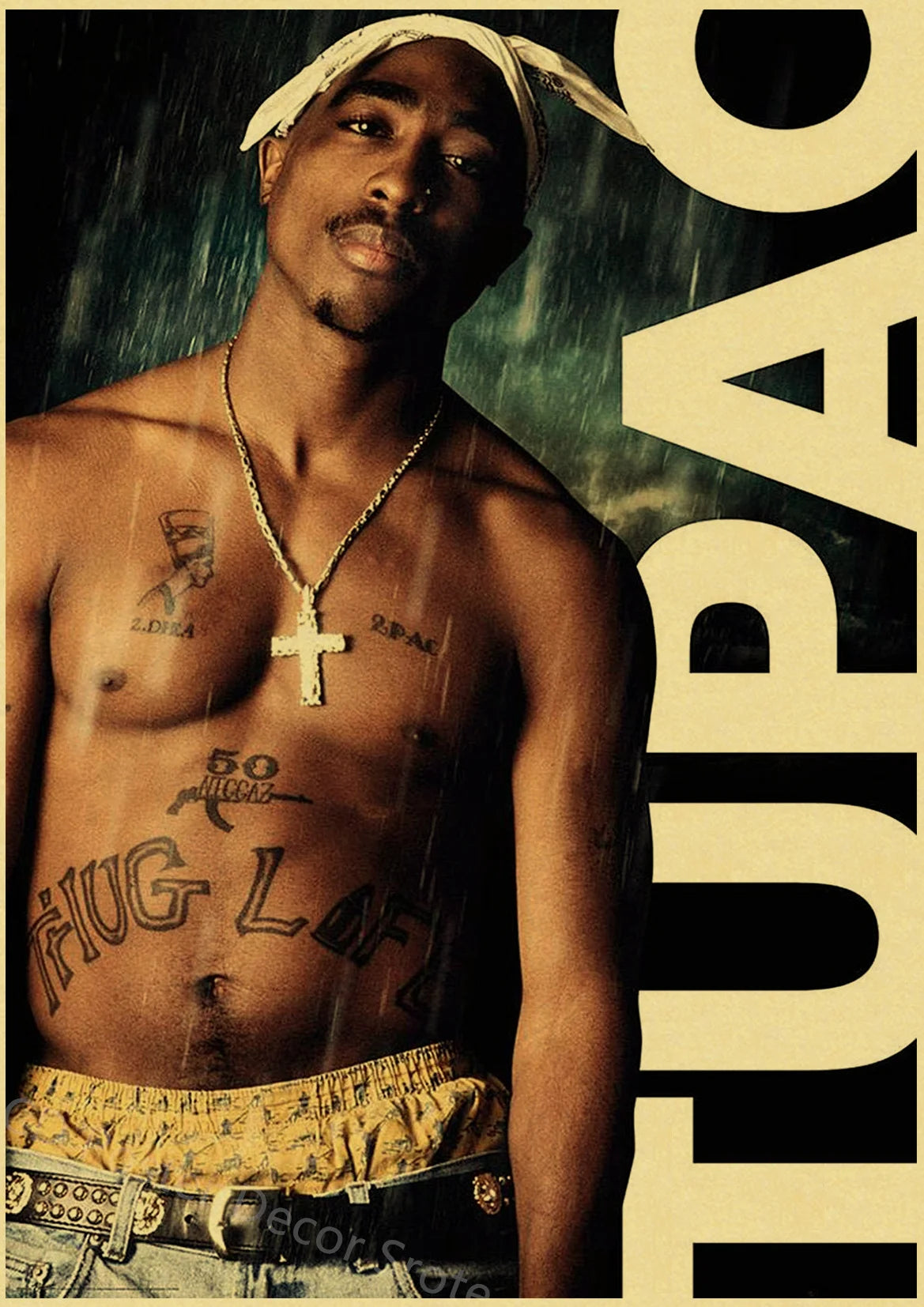 A portrait of Tupac featuring a gold chain and tattoos against a dark background.