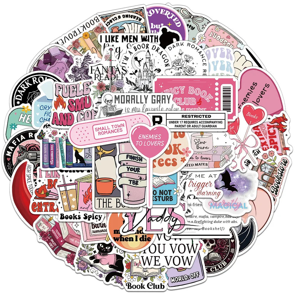 A circular sticker design featuring various literary and romantic themes like dark romance, magic, book clubs, and spicy genr