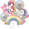 A cluster of pink and iridescent foil balloons shaped like the number three and a unicorn head