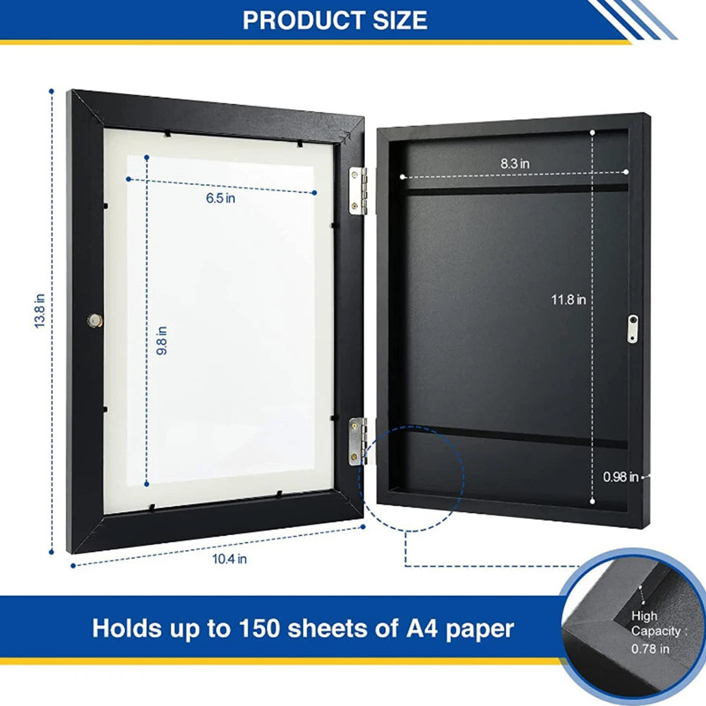 Black magnetic front opening art display frames showing dimensions and capacity for A4 paper sheets