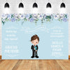 A light blue backdrop featuring floral greenery and text for a First Communion celebration.