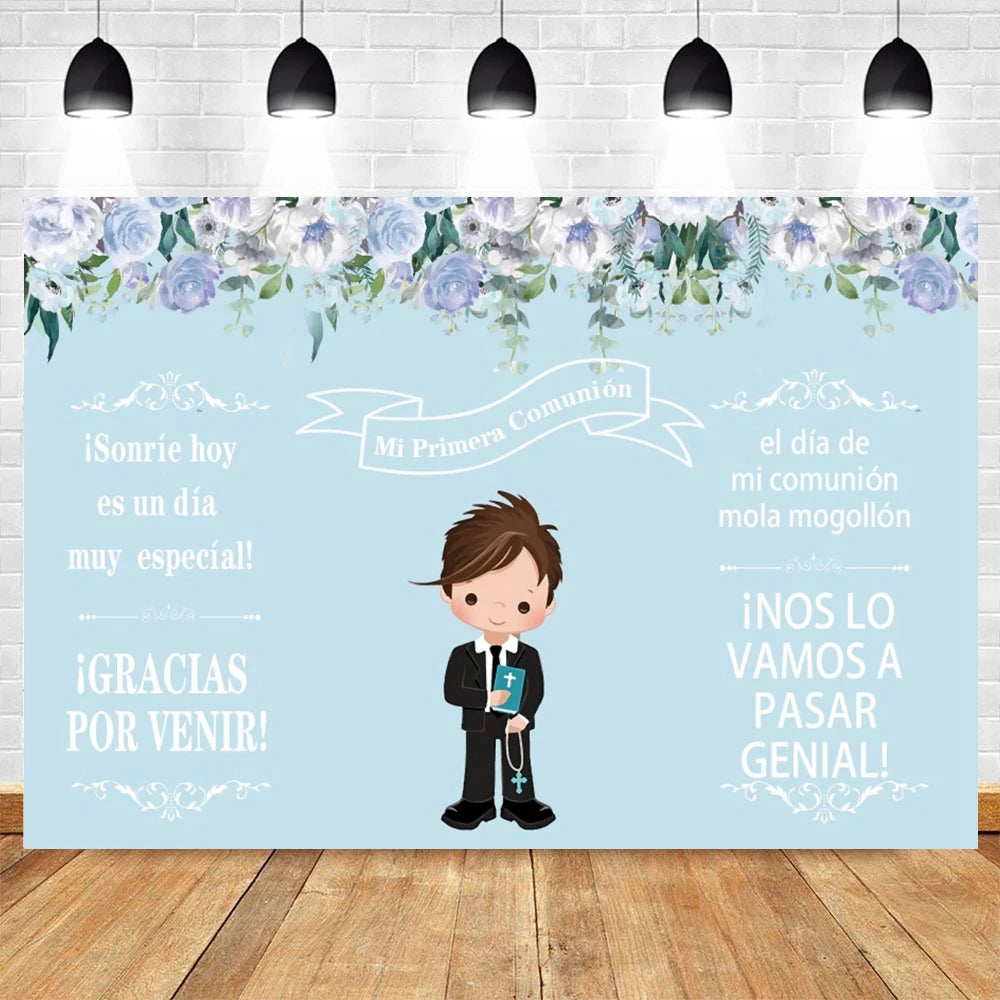 A light blue backdrop featuring floral greenery and text for a First Communion celebration.