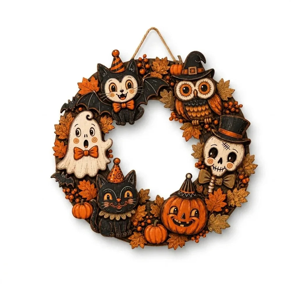 Vintage Halloween wooden wreath featuring carved cats and an owl for door or wall decoration