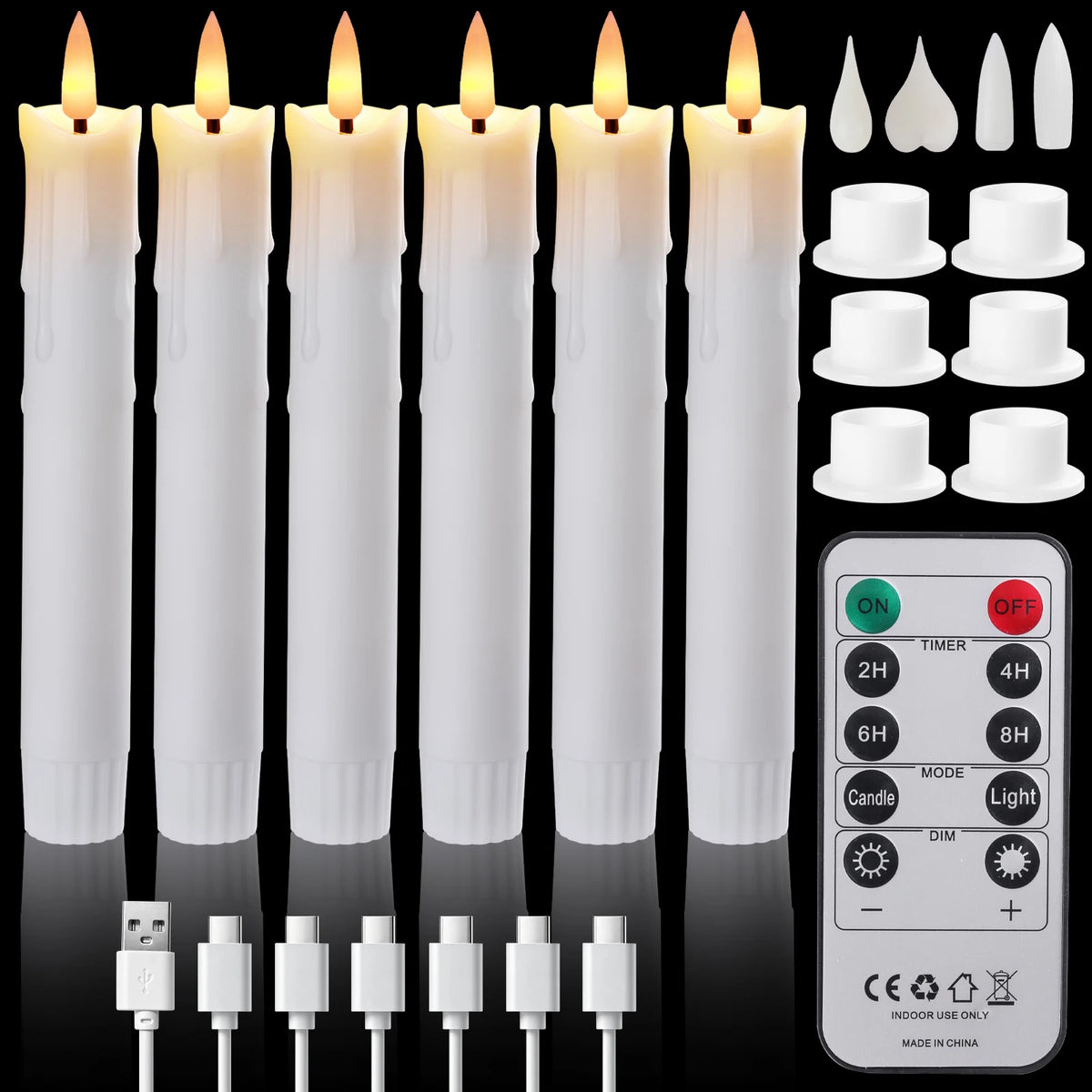 A set of white LED taper candles with a remote control and timer displayed on a white background.