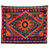 Bohemian mandala tapestry wall hanging featuring intricate geometric patterns in orange, black, and white.