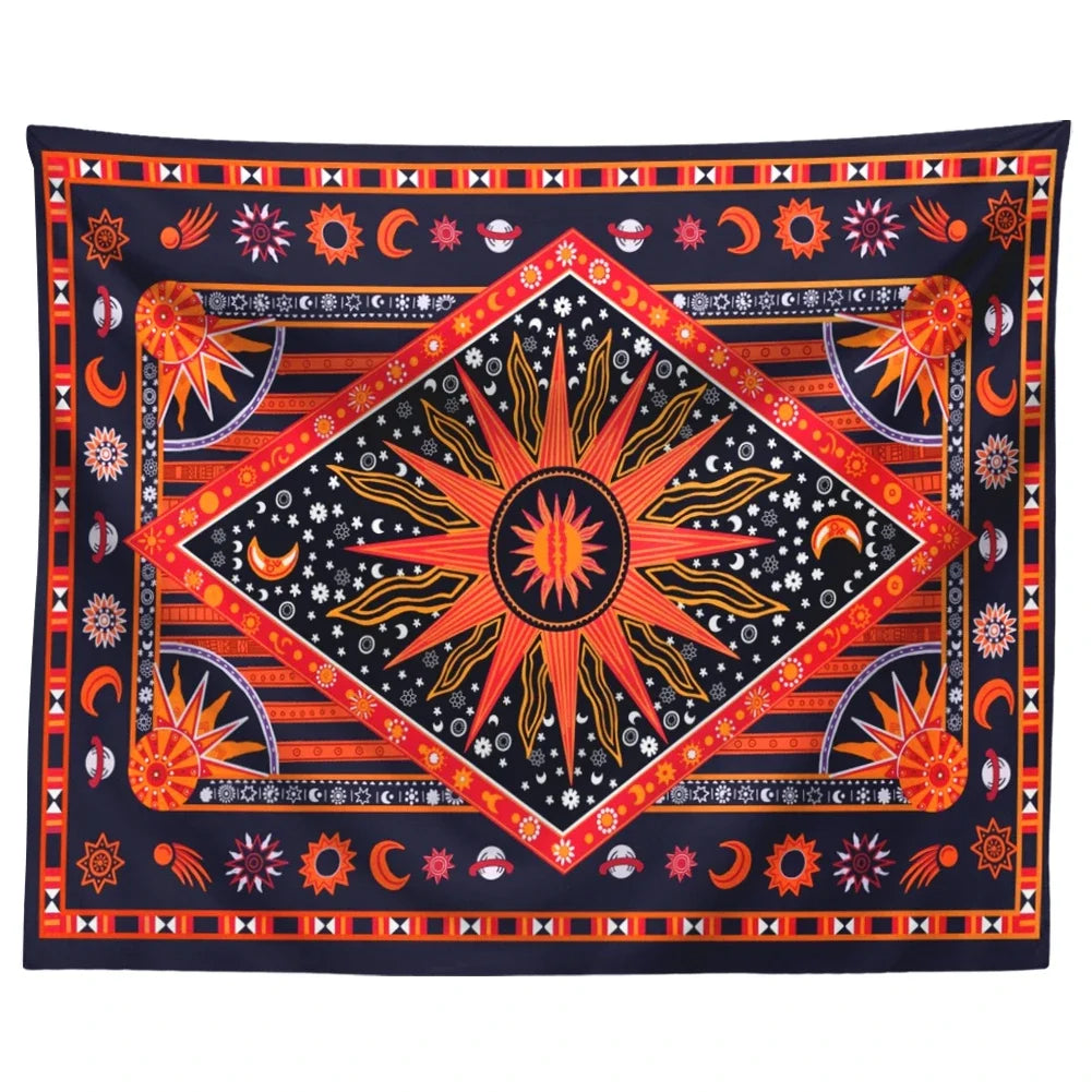 Bohemian mandala tapestry wall hanging featuring intricate geometric patterns in orange, black, and white.