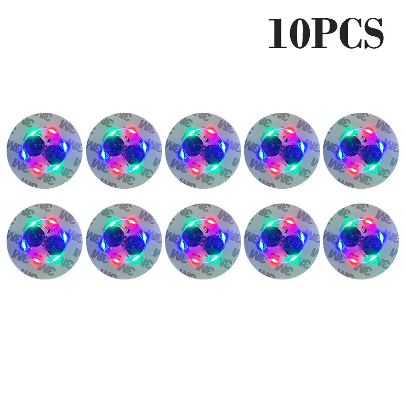 Ten luminous LED coaster lights designed for bottles and glasses.
