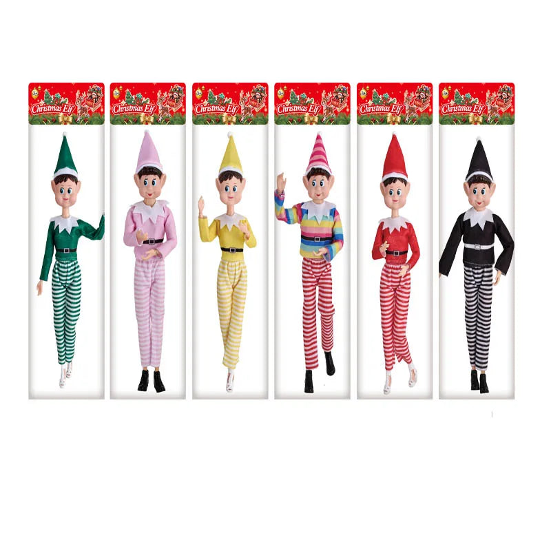 A set of Christmas elf decorations with lights in various outfits and poses.