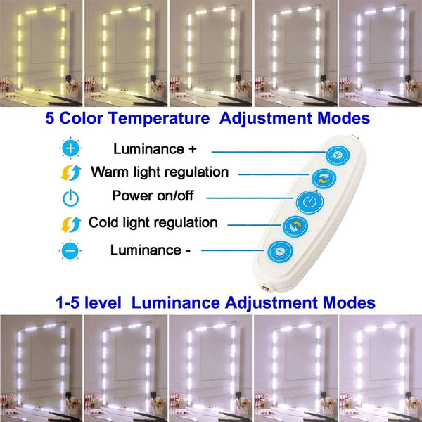 A set of LED vanity mirror light strips demonstrating 5 color temperature adjustment modes and 1-5 level luminance adjustment