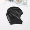 Black faux leather hood mask with blindfold displayed on a white surface.
