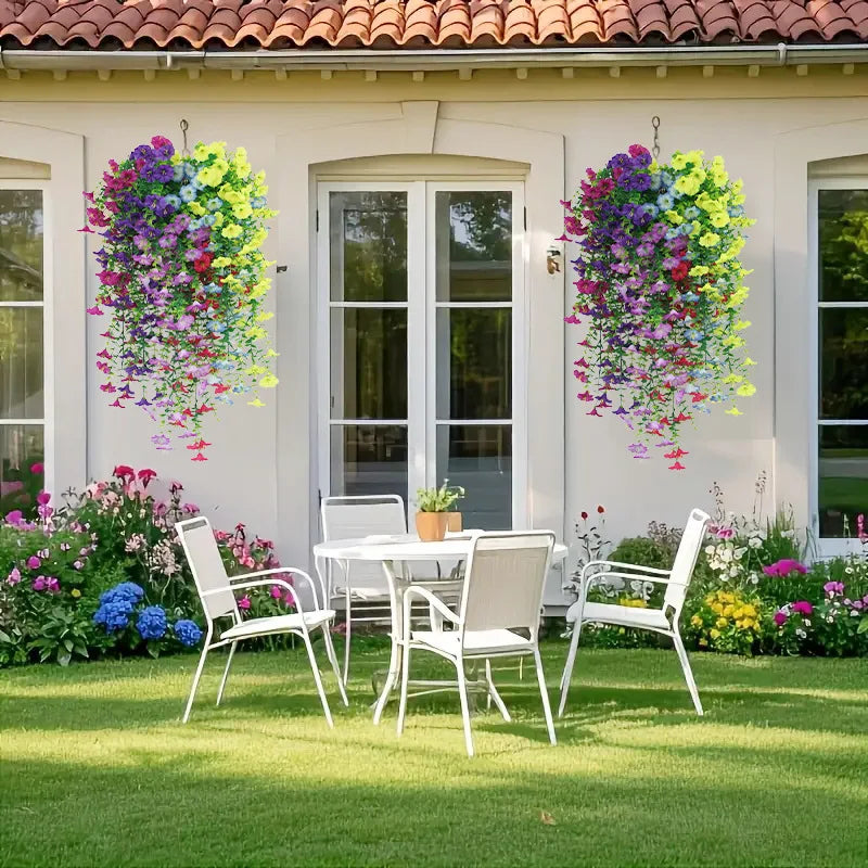 A white outdoor dining set with a table and chairs is placed on a lawn in front of a house decorated with colorful artificial