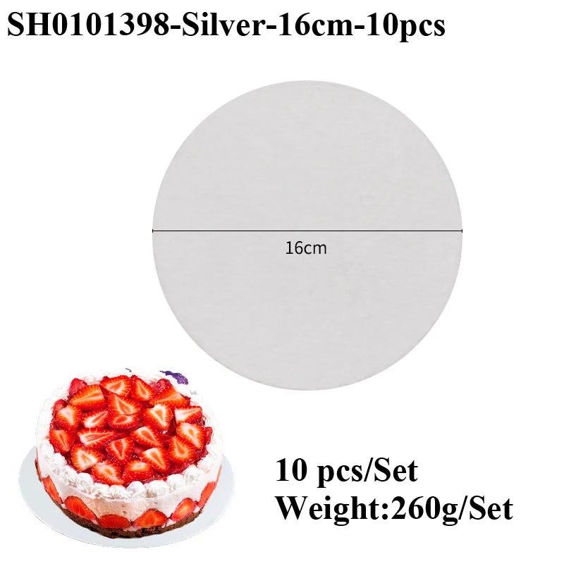 A white round cake board with a silver coating is shown next to a strawberry cake.