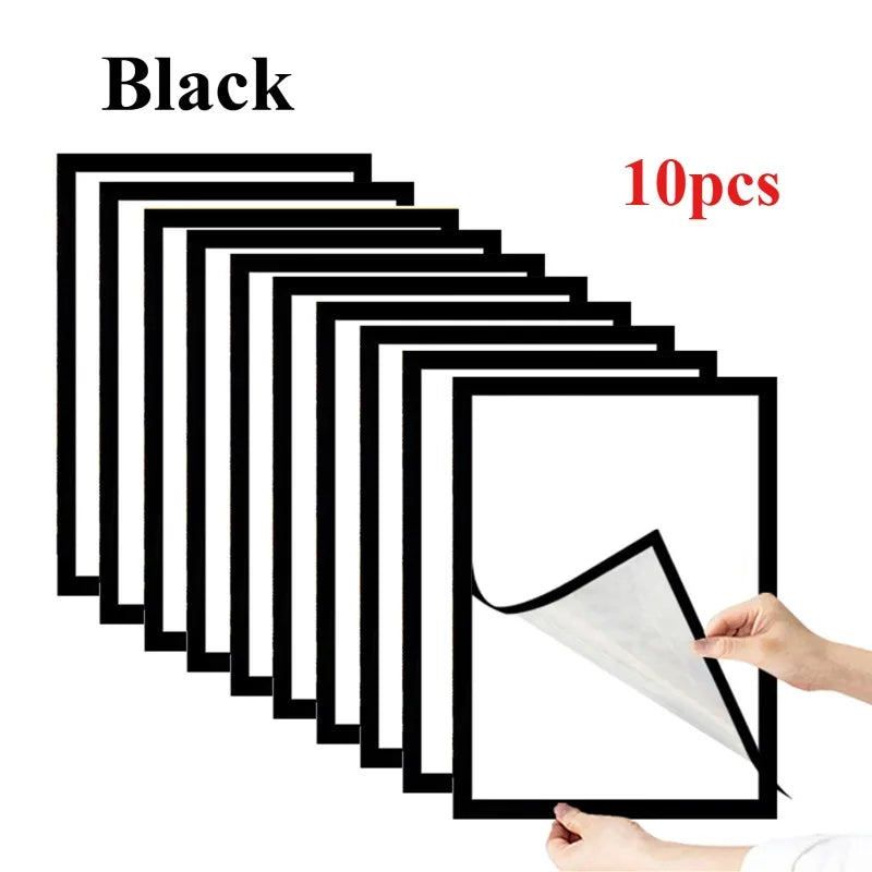 Ein Set von zehn schwarzen magnetischen Foto-Displayrahmen in einer Reihe.