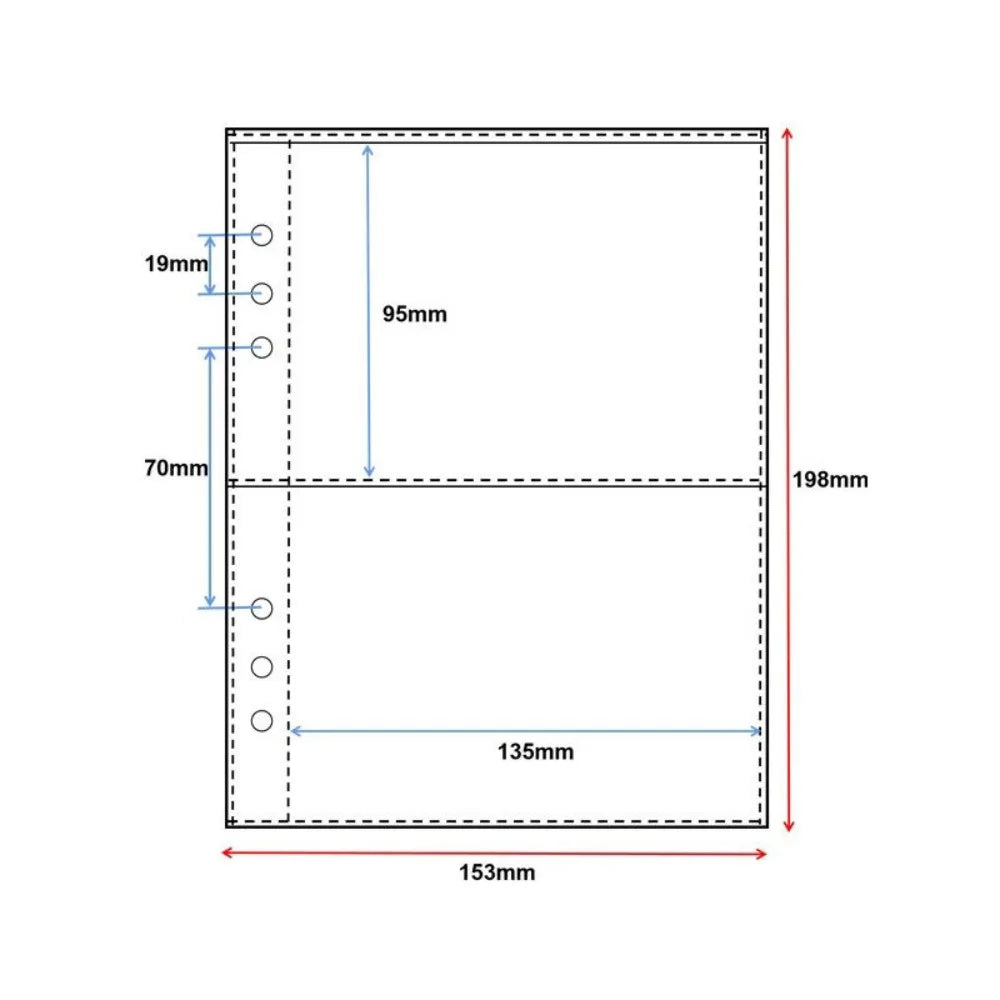 Diagram showing the dimensions of a transparent photocard album with mushroom hole design.