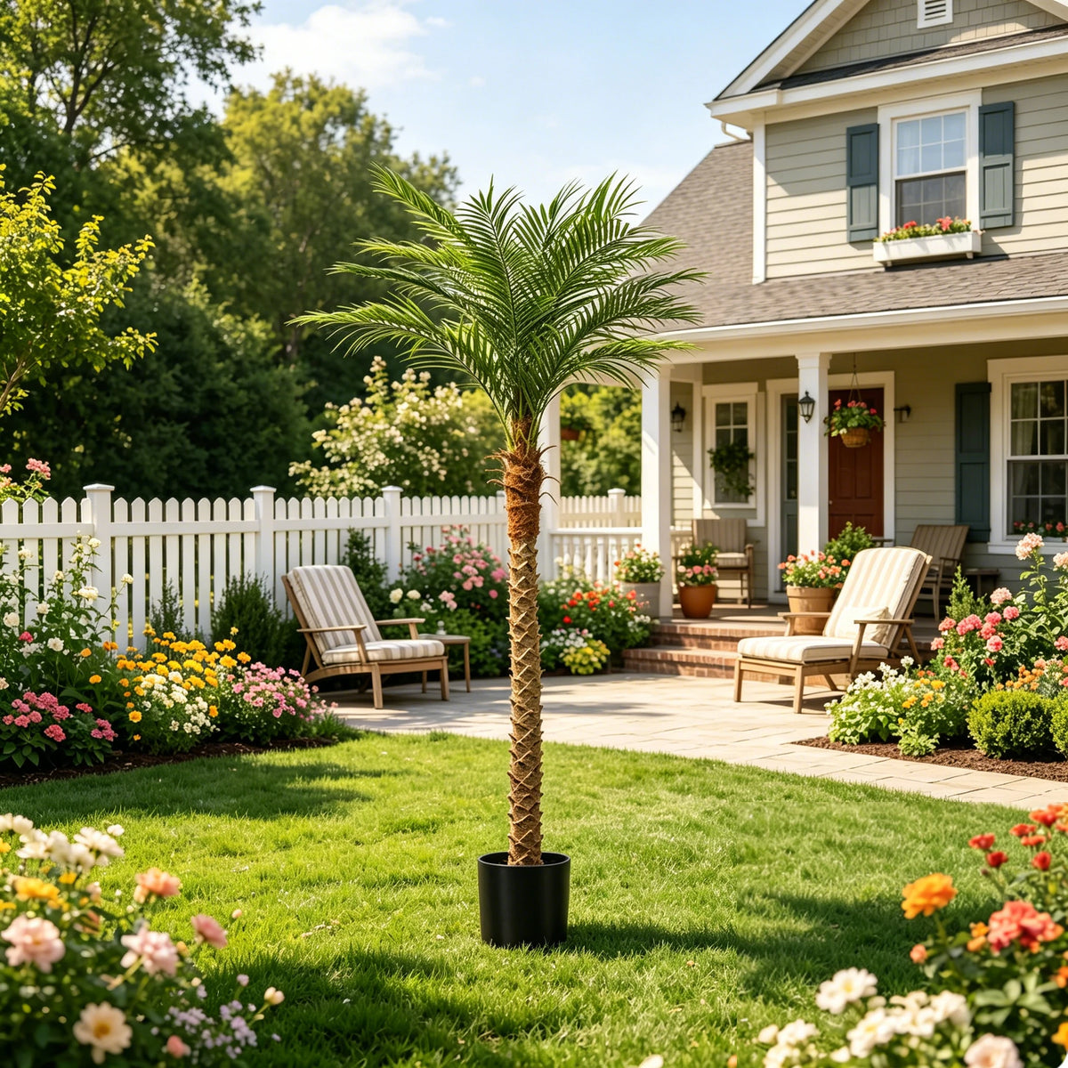 An artificial golden palm tree standing in a black pot in a sunny garden setting.