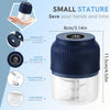 A blue mini electric blender with a clear bowl and blade, showing various features like easy operation and stainless steel bl