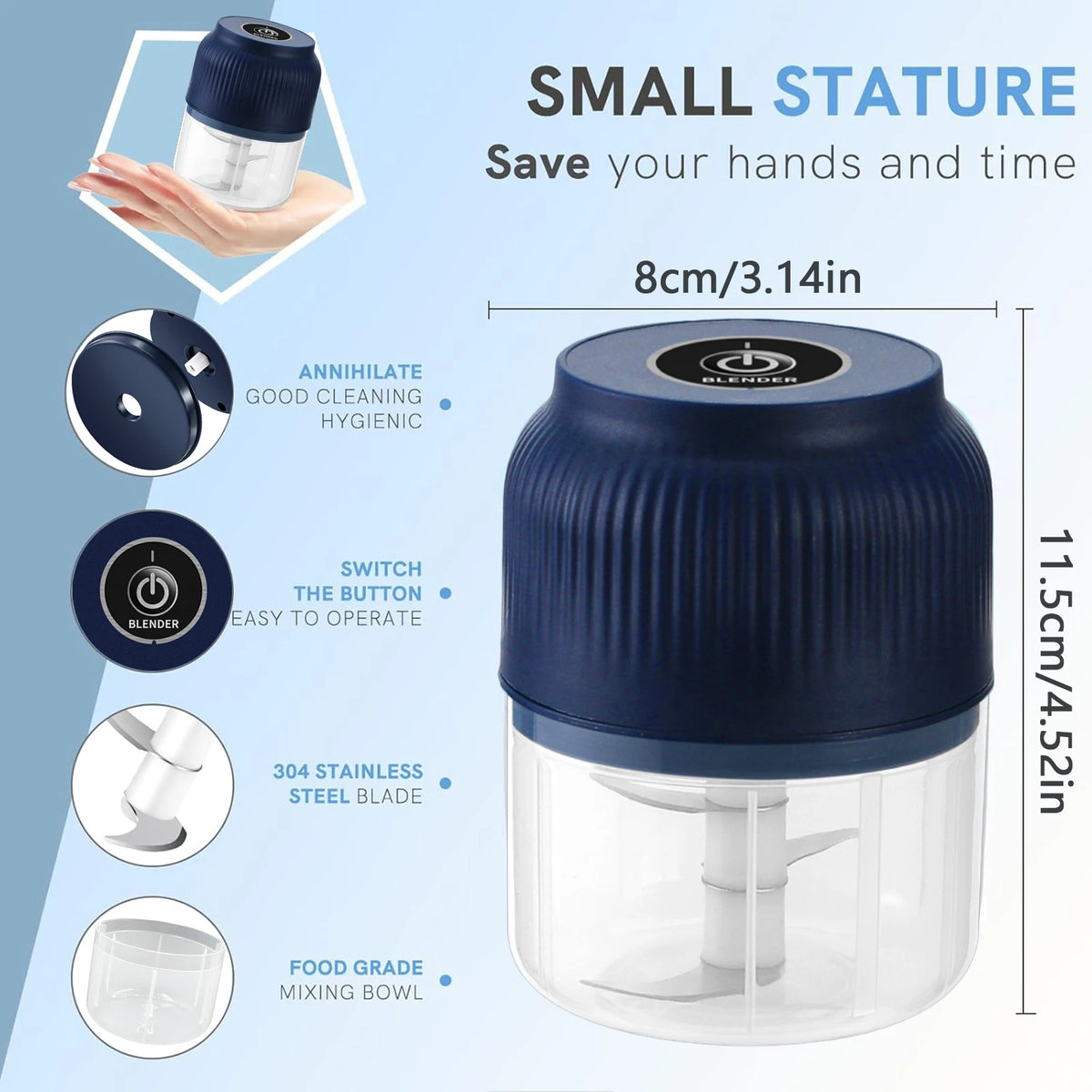 A blue mini electric blender with a clear bowl and blade, showing various features like easy operation and stainless steel bl