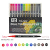 A set of 12 dual-tip brush pens featuring various colors and tip sizes for art and rendering.