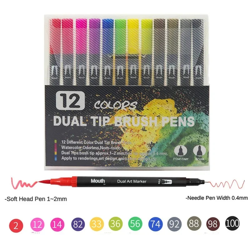 A set of 12 dual-tip brush pens featuring various colors and tip sizes for art and rendering.