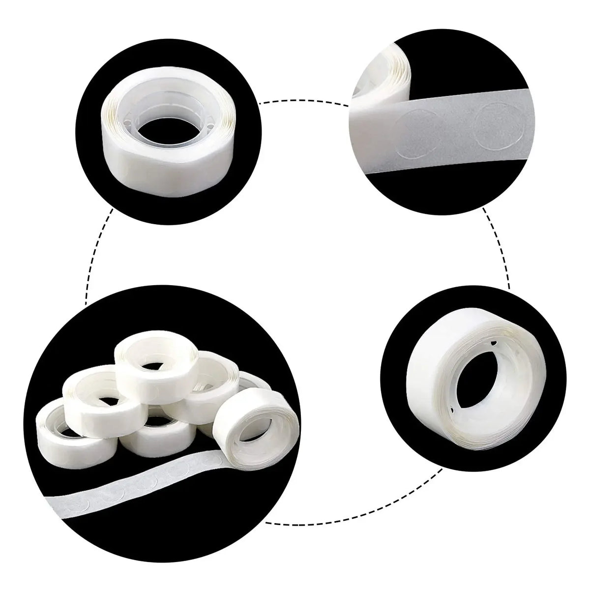 A set of removable double-sided adhesive dots for balloons and crafts shown in various forms.