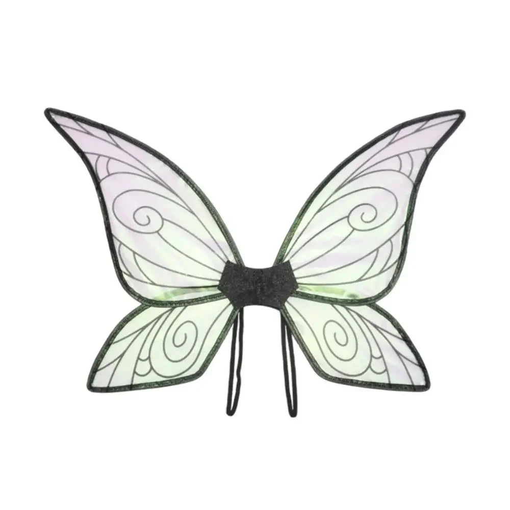 A pair of translucent, light green and purple fairy wings with black detailing.