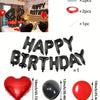 A set of red and black foil number balloons, heart-shaped balloons, and round balloons for birthday decorations.