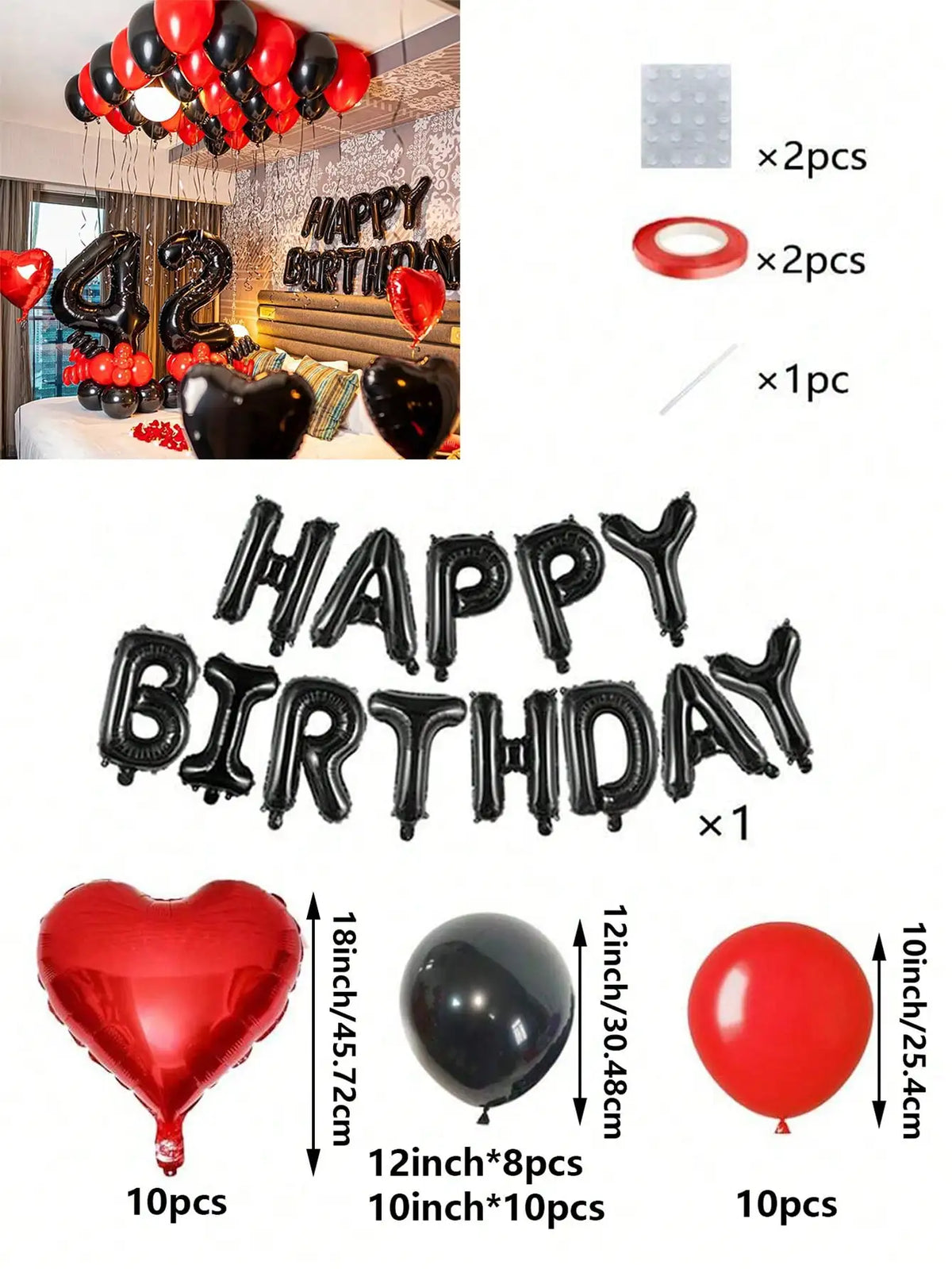A set of red and black foil number balloons, heart-shaped balloons, and round balloons for birthday decorations.