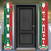A vertical banner featuring the Viva Mexico Independence Day design, with red and green stripes and a decorative border, hang