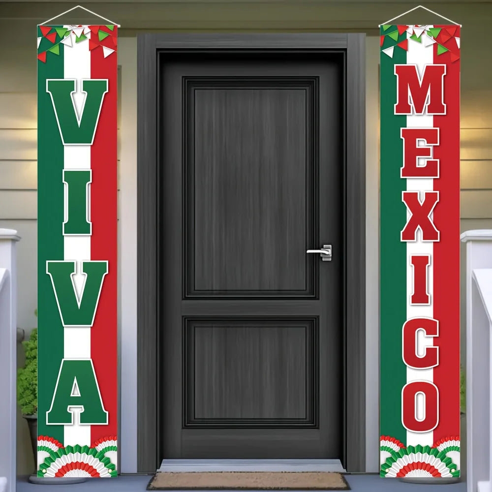 A vertical banner featuring the Viva Mexico Independence Day design, with red and green stripes and a decorative border, hang